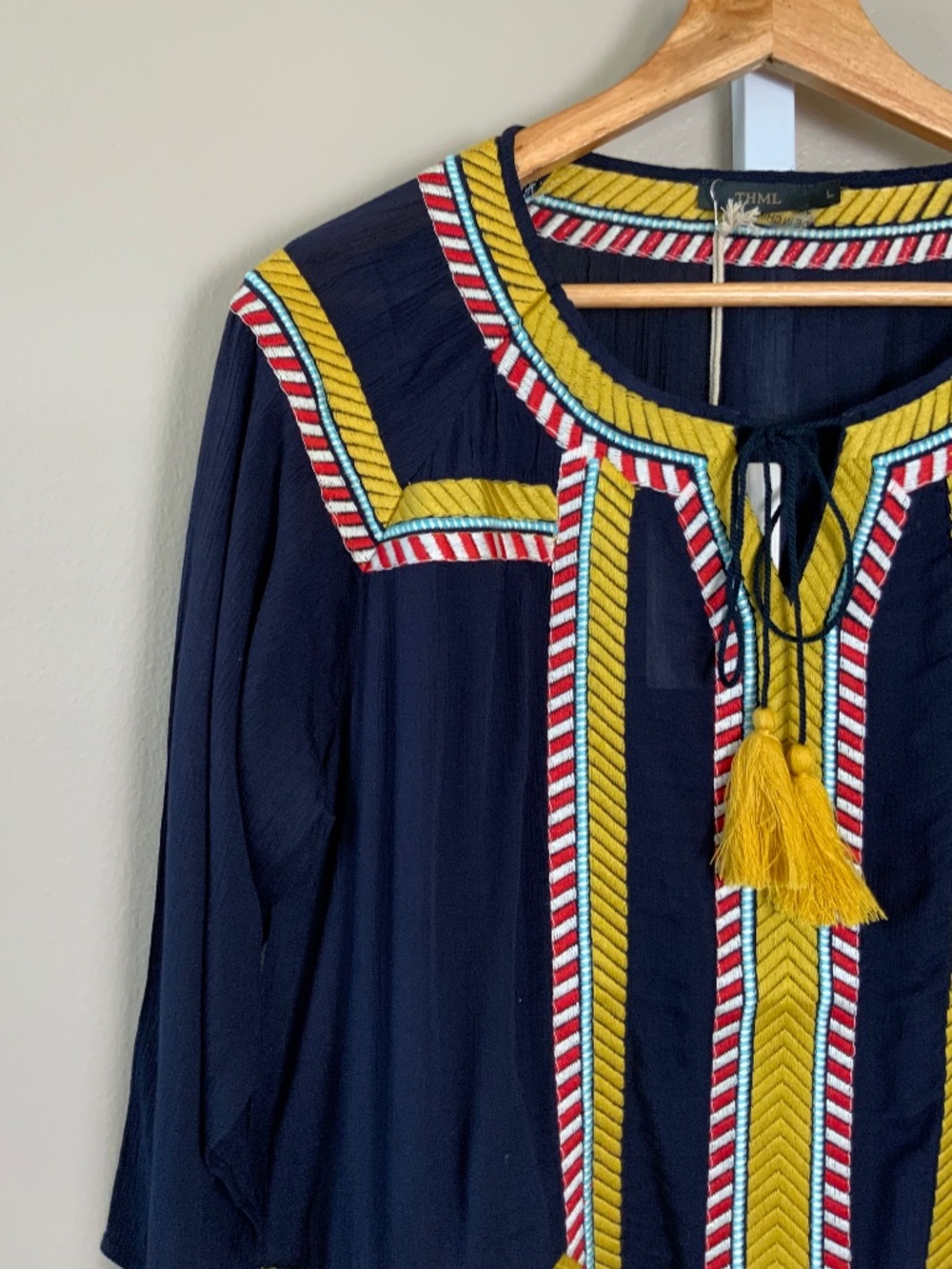 THML Embroidered Tassel Tie 3/4 Sleeve Top - Picture 5 of 16